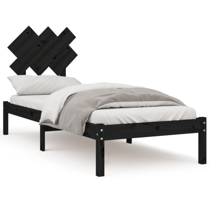 Cadru de pat mic single, negru, 75x190 cm, lemn masiv