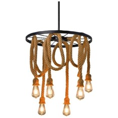 Lustră candelabru suspendată, industrial vintage, fr&acirc;nghie de c&acirc;nepă, 6 x E27