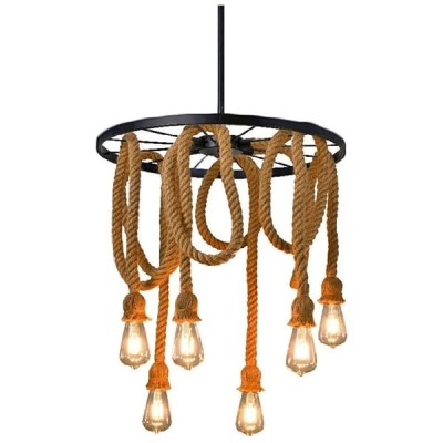 Lustră candelabru suspendată, industrial vintage, fr&amp;acirc;nghie de c&amp;acirc;nepă, 6 x E27 foto
