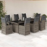 Set bistro de grădină cu perne, 9 piese, gri, poliratan