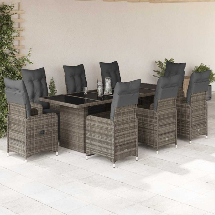 Set bistro de grădină cu perne, 9 piese, gri, poliratan
