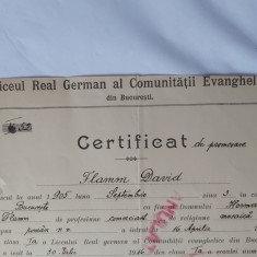 CERTIFICAT DE PROMOVARE AL LICEULUI REAL GERMANAL COMUNIT.EVANG.BUCURESTI-1918