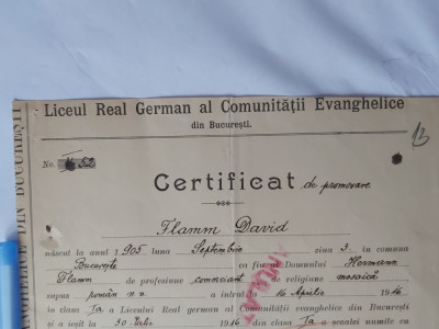 CERTIFICAT DE PROMOVARE AL LICEULUI REAL GERMANAL COMUNIT.EVANG.BUCURESTI-1918 foto