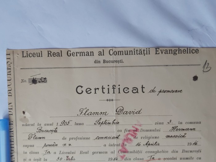 CERTIFICAT DE PROMOVARE AL LICEULUI REAL GERMANAL COMUNIT.EVANG.BUCURESTI-1918