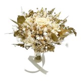 Buchet alb-auriu, cu flori naturale uscate si trandafir criogenat XL, personalizabil, ideal pentru cununie civila, nunta, mireasa sau cadou
