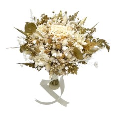 Buchet alb-auriu, cu flori naturale uscate si trandafir criogenat XL, personalizabil, ideal pentru cununie civila, nunta, mireasa sau cadou