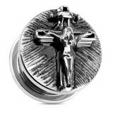 Tunel argintiu pentru ureche, din oţel, femeie pe cruce, patină neagră - Lățime: 16 mm