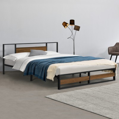 Pat cadru metalic Villach 209 x 184 x 85,5 cm negru/efect lemn de nuc [en.casa] HausGarden Leisure foto