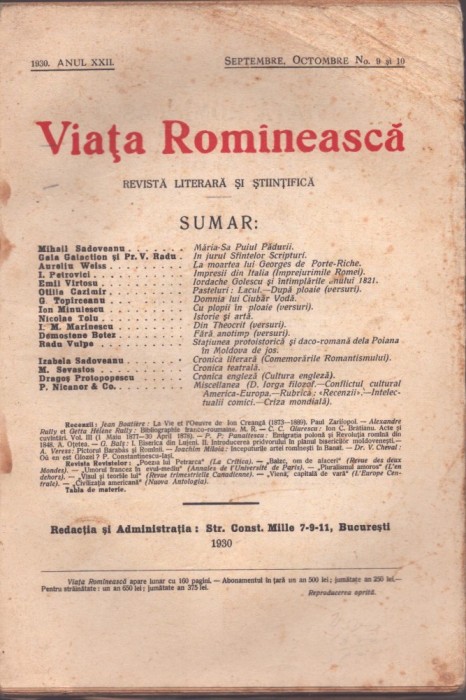 C6803N Viața Rom&icirc;nească, 9-10/1930, Iași
