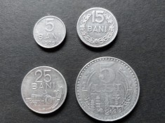 Lot monede 5 bani 1975,15 bani 1975, 25 bani 1982, 5 lei 1978 R.S.R.