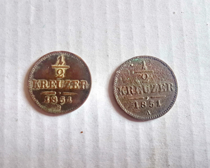 E880-2 Monede 1/2 KREUZER 1851 Austria: A+ B, bronz 2 cm, stare buna.