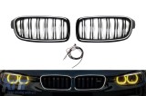 Grile rinichi iluminate stil Iconic Glow cu fante duble potrivite pentru BMW Seria 3 F30, F31 2012-2019, negru lucios Performance AutoTuning