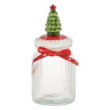 Recipient pentru Biscuiți, Crăciun, Sticlă, Capac Ceramic cu Brad, Diametru 11cm, &Icirc;nălțime 25.5cm, Transparent/Alb, Oem