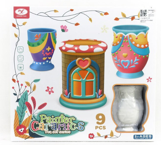 Set pictura ceramica cu 3 vase, 9 piese, Multicolor, 3+ ani