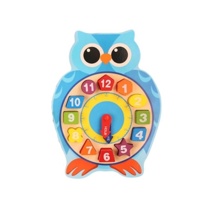 Ceas Montessori din Lemn cu Forme Geometrice si Numere, 29.2x21.7 cm, + 3 Ani, Broasca Bufnita