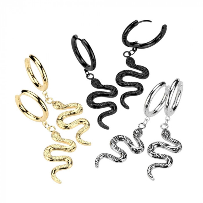 Cercei din oțel 316L - cerc, corp de șarpe ondulat, &icirc;nchidere cu balama, PVD - Culoare: Auriu