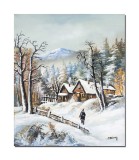 Tablou pictat manual living, hol, dormitor, Peisaj de iarna, amintiri din copilarie, 60x50cm ulei pe panza
