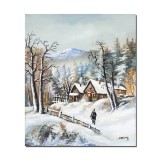 Tablou pictat manual living, hol, dormitor, Peisaj de iarna, amintiri din copilarie, 60x50cm ulei pe panza