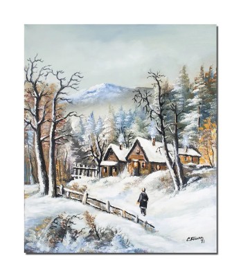 Tablou pictat manual living, hol, dormitor, Peisaj de iarna, amintiri din copilarie, 60x50cm ulei pe panza foto