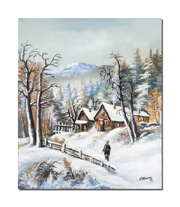 Tablou pictat manual living, hol, dormitor, Peisaj de iarna, amintiri din copilarie, 60x50cm ulei pe panza