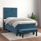 Cumpara ieftin Pat box spring cu saltea, albastru &icirc;nchis, 90x190 cm, catifea