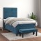 Pat box spring cu saltea, albastru &icirc;nchis, 90x190 cm, catifea