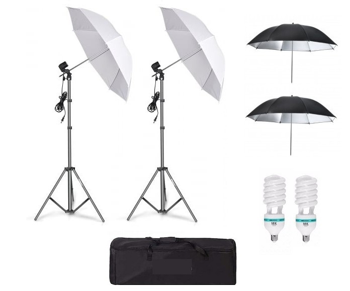 Kit de 4 umbrele alb-negru, 2 trepiezi reglabili 200 cm, 2 becuri 85W, geanta de transport inclusa