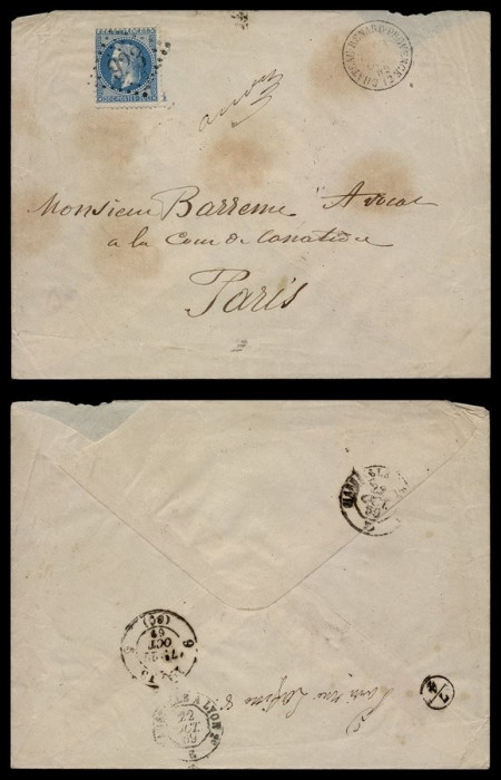France 1869 Postal History Rare Cover Ch&acirc;teau-Renard-Provence to Paris D.168