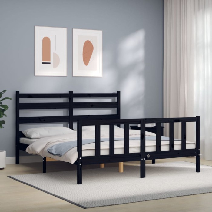 Cadru de pat cu tăblie, negru, king size, lemn masiv