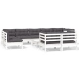 Set mobilier gradina cu perne, 10 piese, alb, lemn masiv pin