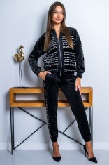 Trening dama negru din catifea cu fermoar si model pe jacheta