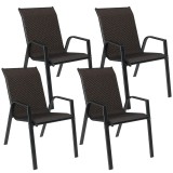 Outsunny Set de 4 scaune de grădină empilabile, fotoliu de exterior cu brațe și acoperăm&acirc;nt din rășină țesută maro | Aosom Romania