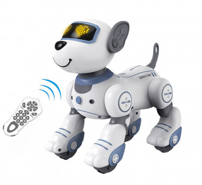 Catel Robot Inteligent cu telecomanda, interactiv, canta, danseaza, face cascadorii, functie urmarire, gesturi prin atingere, alb cu gri si albastru foto