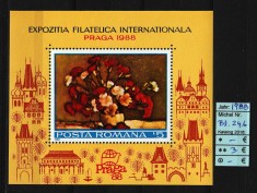 Timbre Rom&amp;acirc;nia, 1988 | Expo Praga 88 - Mi. Bl. 246 - Flori, pictura | MNH | aph foto