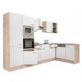Mobilier de bucătărie de colț Yorki 340, cu corp din stejar Sonoma, fațadă albă cu finisaj satinat și dulap cu rafturi, fără blat de lucru