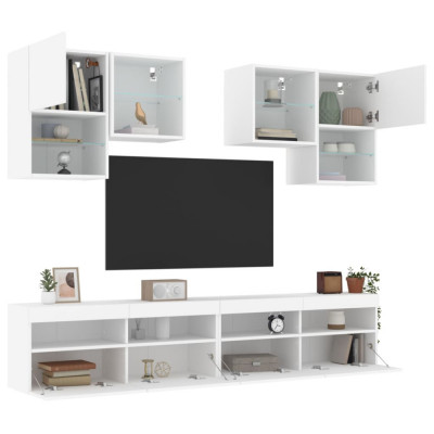 vidaXL Set comode TV de perete, 6 piese, cu lumini LED, alb foto