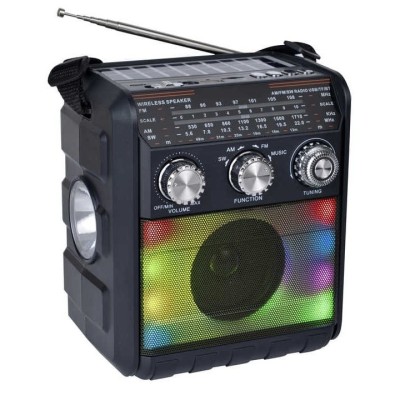 Radio portabil, cu lanterna, incarcare solara si baterii, fara fir, cu jocuri de lumini, putere 5W, conectivitate AUX, USB, AM/FM/SW cu 3 benzi, panou foto