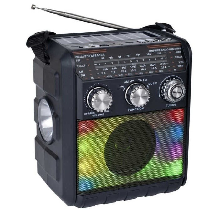 Radio portabil, cu lanterna, incarcare solara si baterii, fara fir, cu jocuri de lumini, putere 5W, conectivitate AUX, USB, AM/FM/SW cu 3 benzi, panou