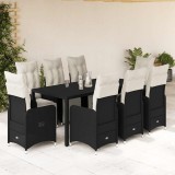Set bistro de grădină, 9 piese, cu perne, negru, poliratan