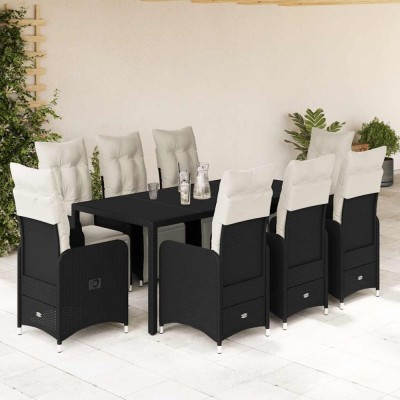 Set bistro de grădină, 9 piese, cu perne, negru, poliratan foto