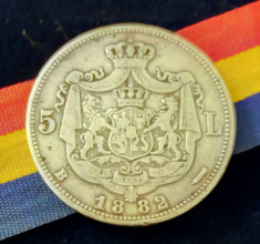 SV * Romania 5 LEI 1882 * 24.3 GRAME (!) ARGINT .835 * REGELE CAROL I foto