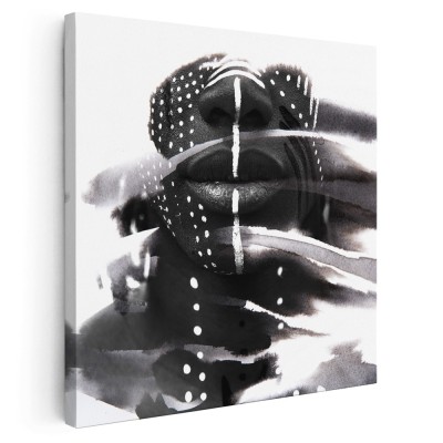 Tablou barbat african motive traditionale pictate pe fata, negru 1408 Tablou canvas pe panza CU RAMA 80x80 cm foto