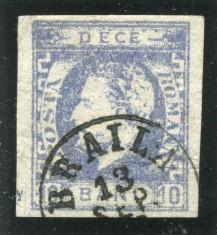 1872 , Lp 31c , Carol I cu barba , 10 Bani ultramarin , impresiune defectuoasa - stampilat