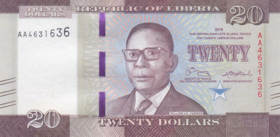 Bancnota Liberia 20 Dolari 2016 - P33a UNC foto