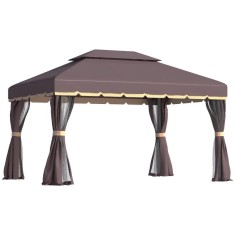Pavilion/foisor pentru gradina/terasa, cadru aluminiu, cu plasa pentru insecte, cafeniu, 3.90x2.90x2.80 m