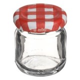 Borcanel din sticlă rotund, 40 ml, cu capac metalic roșu &icirc;n carouri, CMCLASS