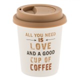 Pahar Cafea New Bone, Model Mesaj &quot;All You Need Is Love&quot;, Capac Silicon, Culoare Alb-Bej, Capacitate 280ml, Oem