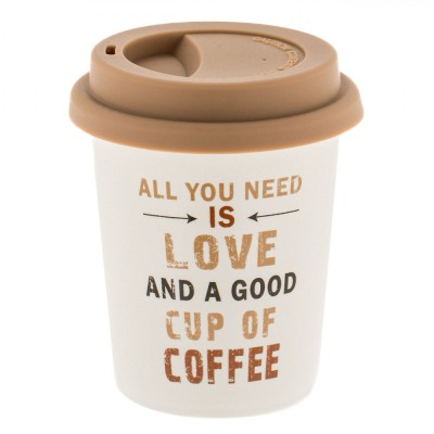 Pahar Cafea New Bone, Model Mesaj &amp;quot;All You Need Is Love&amp;quot;, Capac Silicon, Culoare Alb-Bej, Capacitate 280ml foto