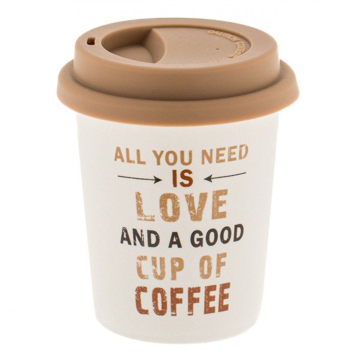 Pahar Cafea New Bone, Model Mesaj &quot;All You Need Is Love&quot;, Capac Silicon, Culoare Alb-Bej, Capacitate 280ml