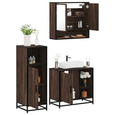 Set mobilier de baie, 3 piese, stejar maro, lemn prelucrat foto